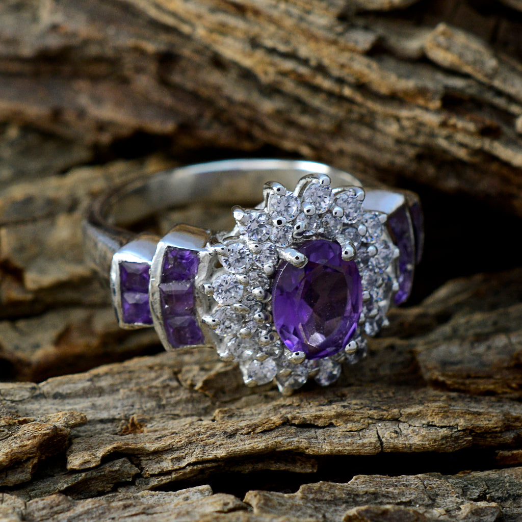 Amethyst Halo Egyptian Silver Purple Gems Mid weight Boho Ring Jewellery