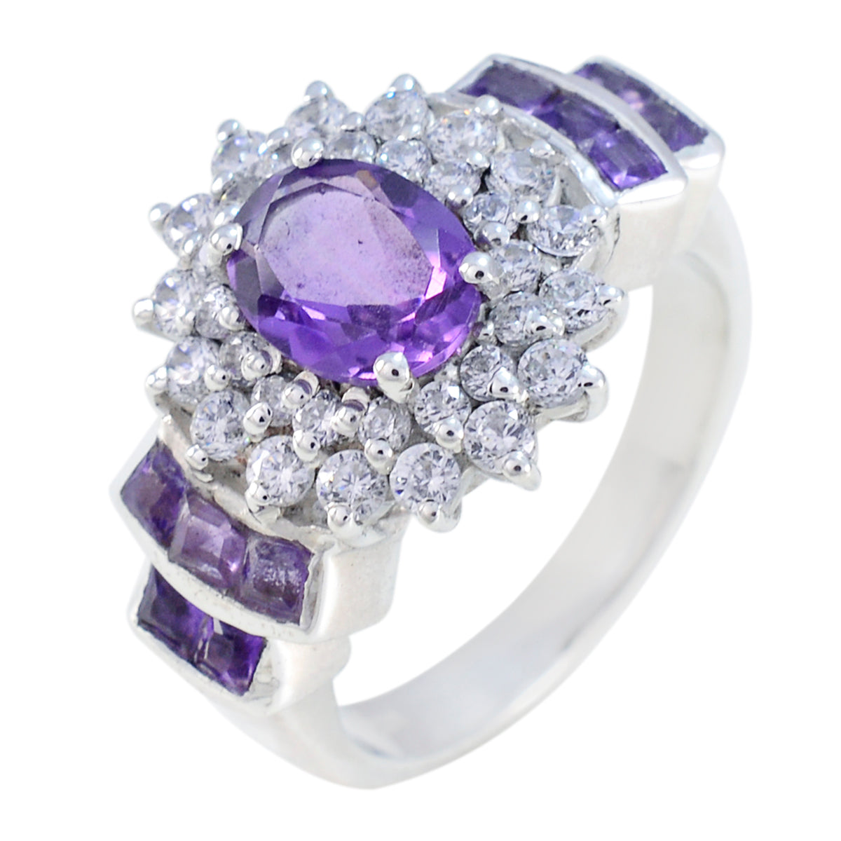 Amethyst Halo Egyptian Silver Purple Gems Mid weight Boho Ring Jewellery Huvudsaklig produktbild