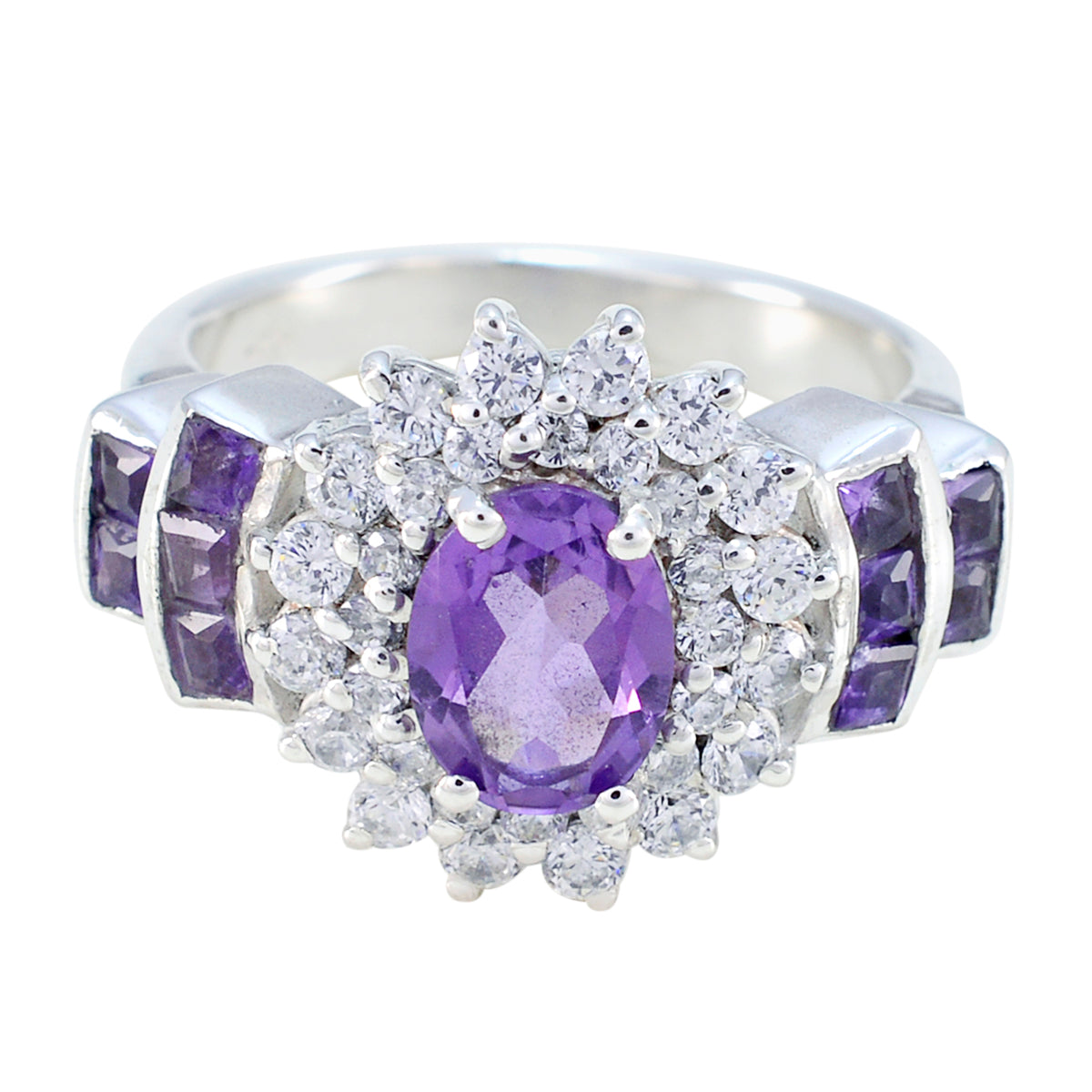 Amethyst Halo Egyptian Silver Purple Gems Mid weight Boho Ring Jewellery