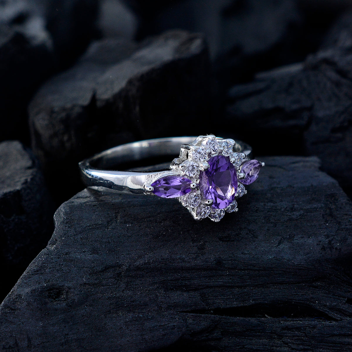 Amethyst Trilogy Russian 92.5 Silver Purple Gemstone Tiny Artisan Ring Jewelry