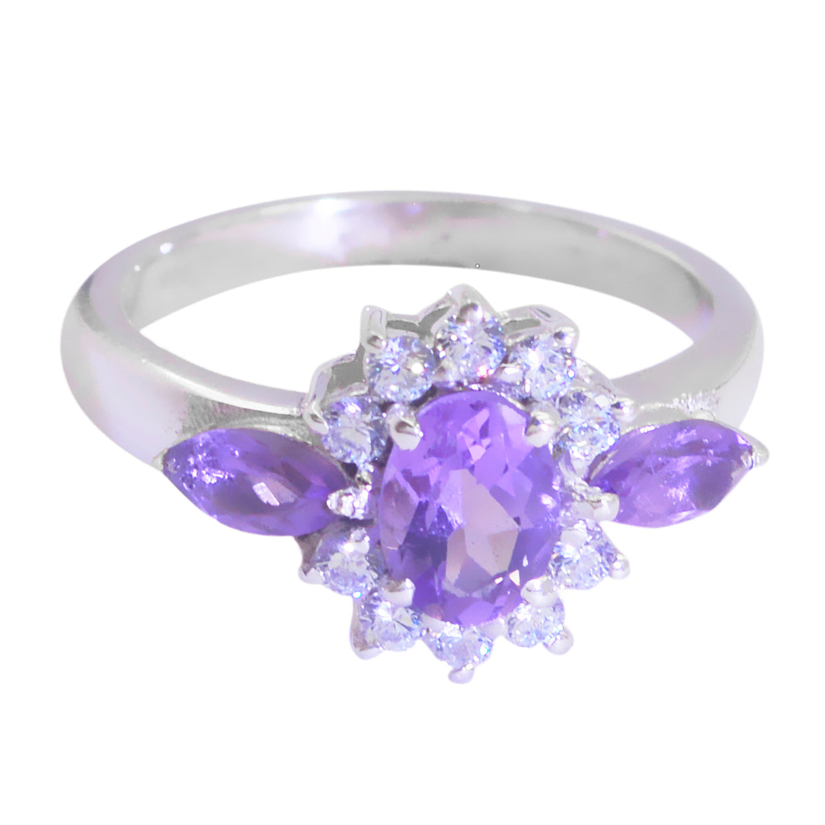 Amethyst Trilogy Russian 92.5 Silver Purple Gemstone Tiny Artisan Ring Jewelry Hoofdafbeelding