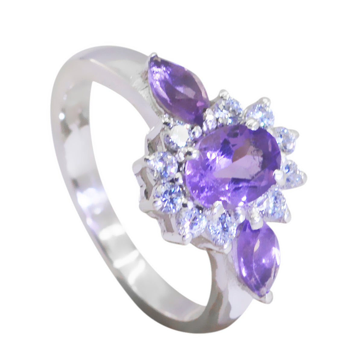 Amethyst Trilogy Russian 92.5 Silver Purple Gemstone Tiny Artisan Ring Jewelry