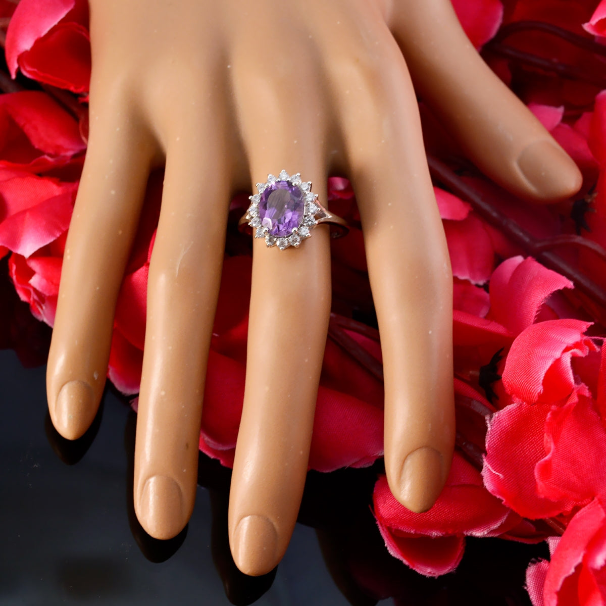 Amethyst Halo Indian 92.5 Silver Purple Gems Featherlight Abstract Ring Jewellery