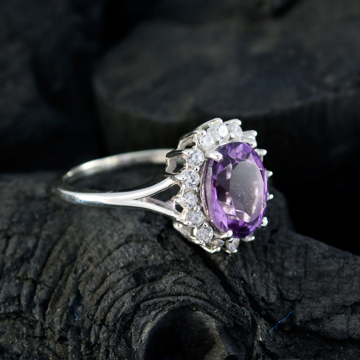 Amethyst Halo Indian 92.5 Silver Purple Gems Featherlight Abstract Ring Jewellery