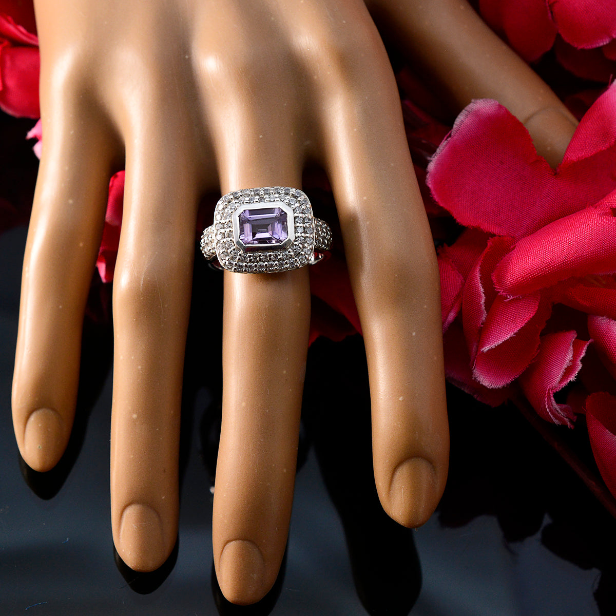Amethyst Halo Russian Sterling Silver Purple Gems Eye catching Trendy Ring Jewelry