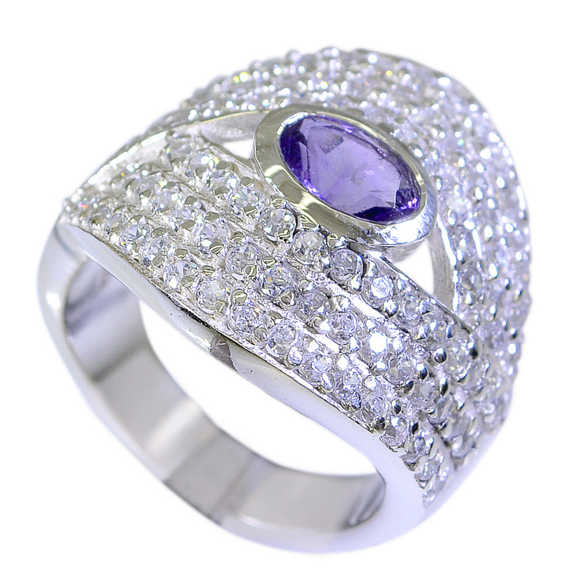 Amethyst Halo German Silver Purple Gemstone Versatile Contemporary Ring Jewelry