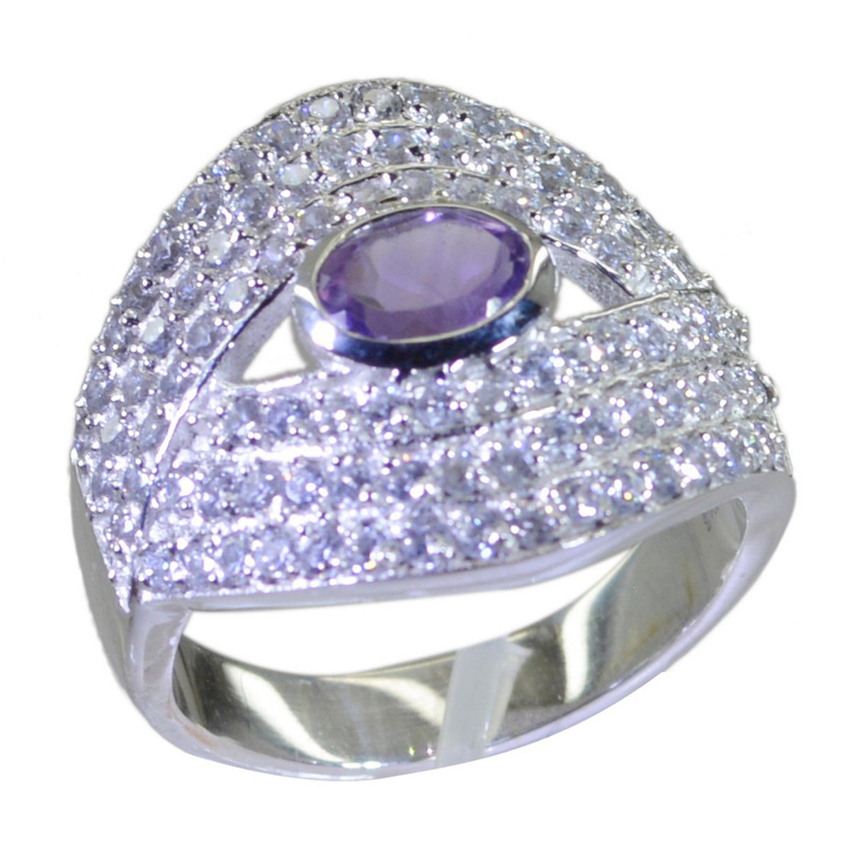 Bague contemporaine polyvalente en argent allemand avec halo d'améthyste et pierre précieuse violette Image secondaire du produit
