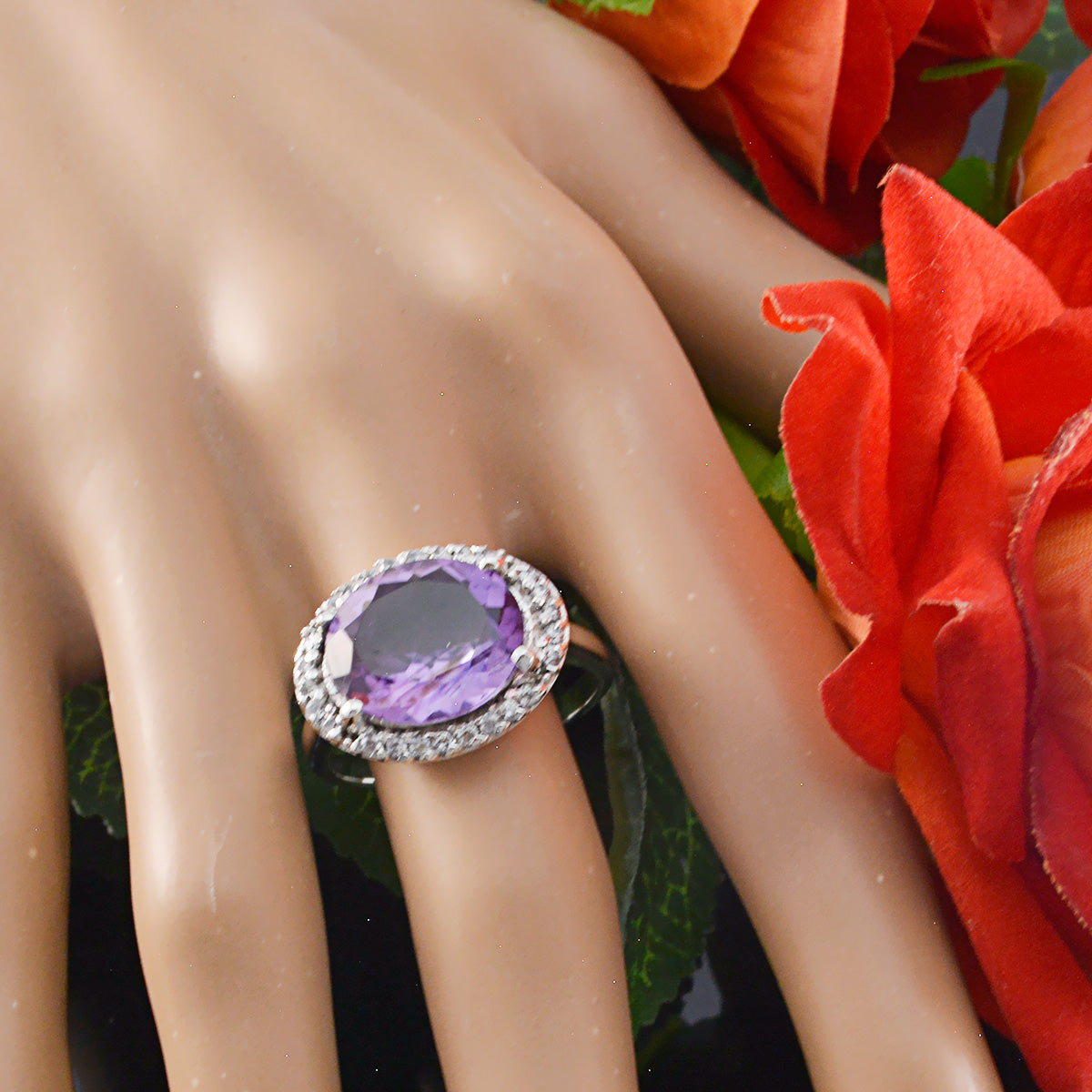 Amethyst Halo French 92.5 Silver Purple Gemstones Versatile Trendy Ring Jewelry