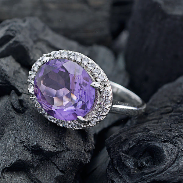 Amethyst Halo French 92.5 Silver Purple Gemstones Versatile Trendy Ring Jewelry