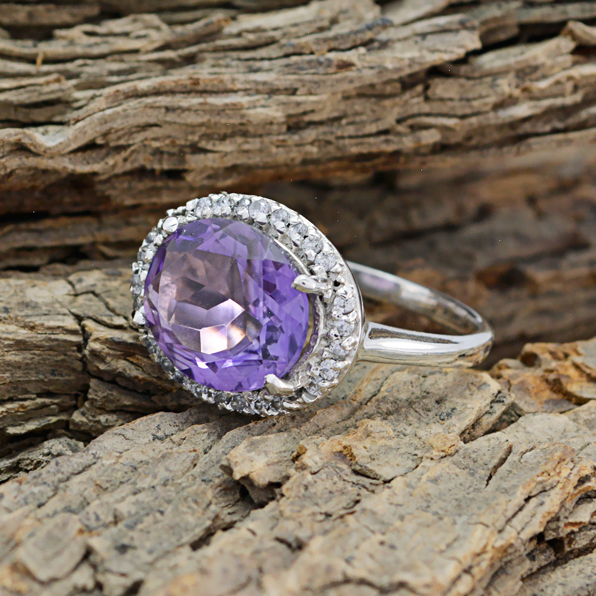 Amethyst Halo French 92.5 Silver Purple Gemstones Versatile Trendy Ring Jewelry