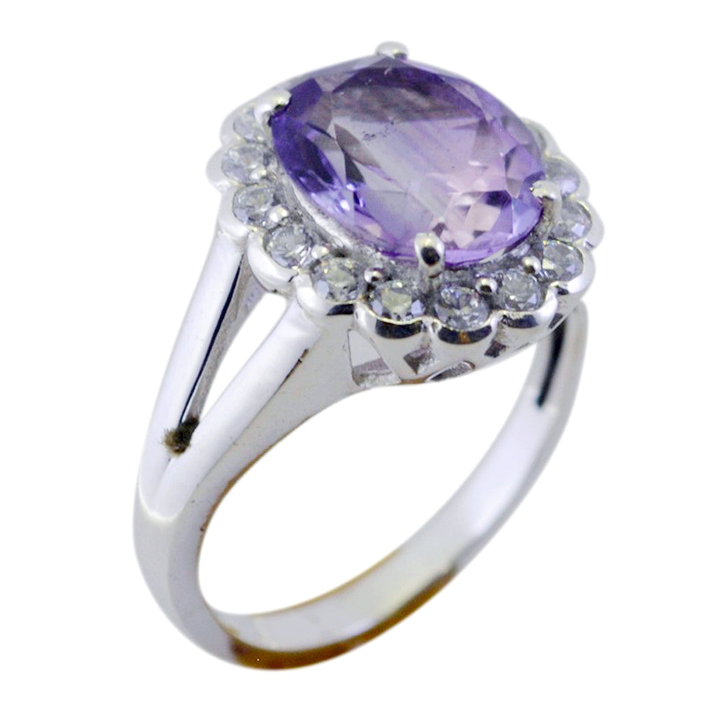 Amethyst Halo Indian 925 Sterling Silver Purple Gems Slim Luxurious Ring Jewelry