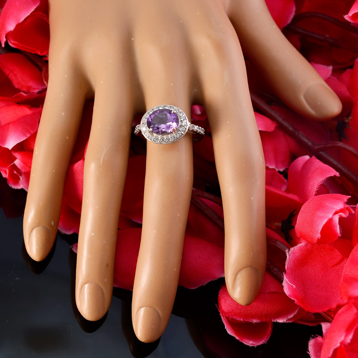 Amethyst Halo American 925 Sterling Silver Purple Gemstone Whisper thin Contemporary Ring Jewelry