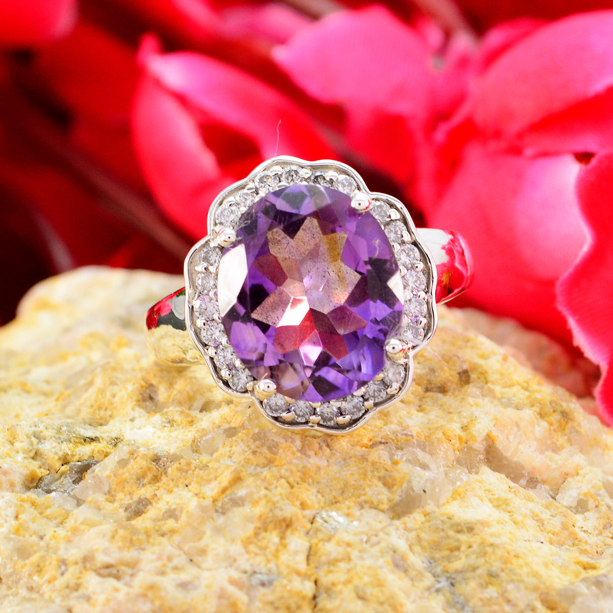 Amethyst Halo Russian 92.5 Silver Purple Gemstones Mid weight Fairytale Ring Jewellery