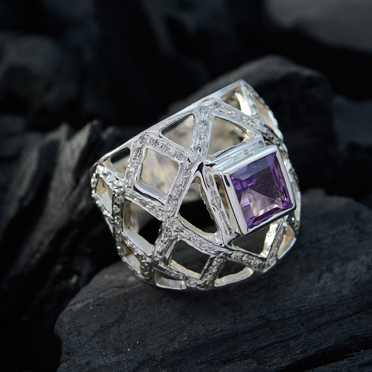 Amethyst Halo German Silver Purple Gemstones Essential  Abstract Ring Jewellery