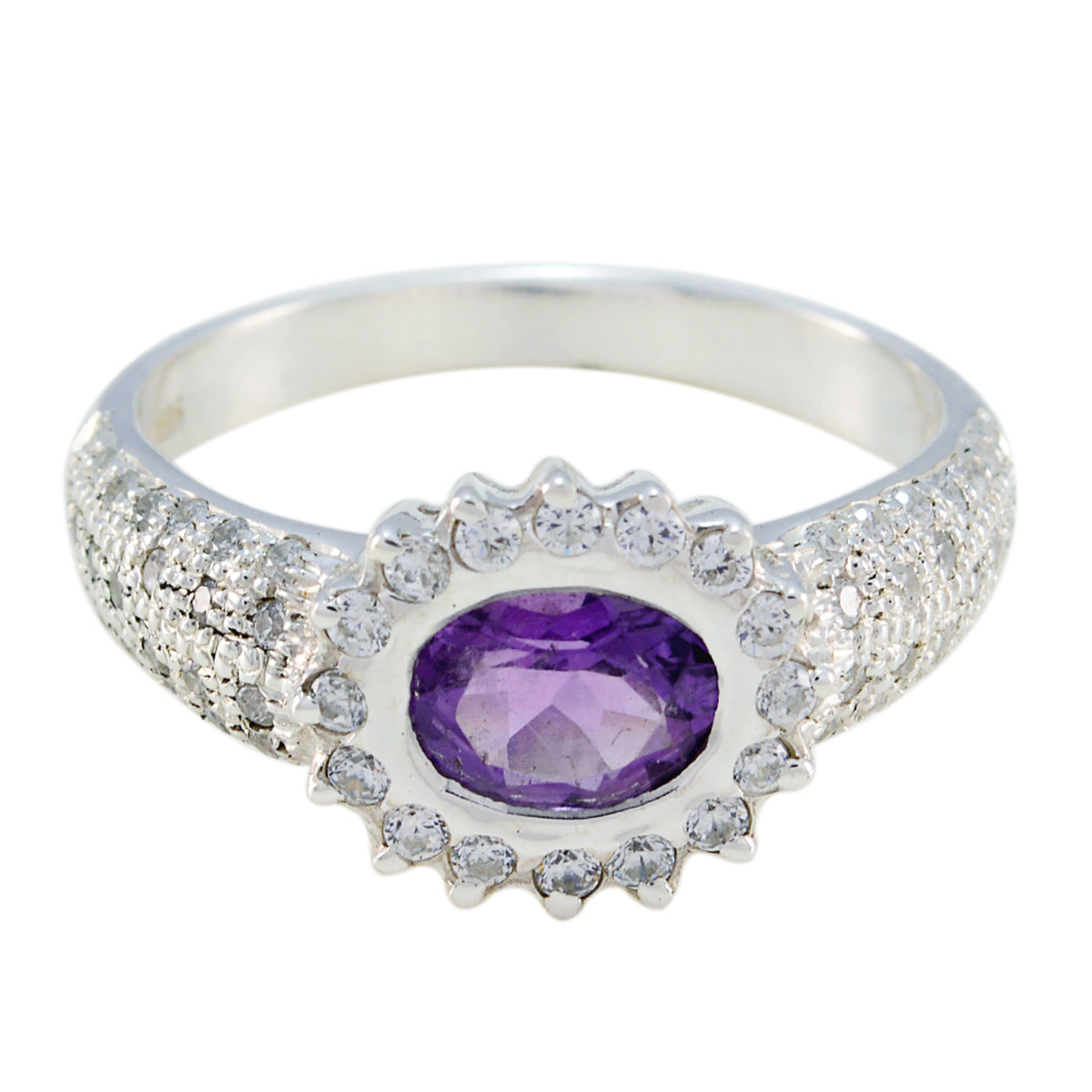 Amethyst Halo Russian 925 Sterling Silver Purple Gems Minimal Feminine Ring Jewellery