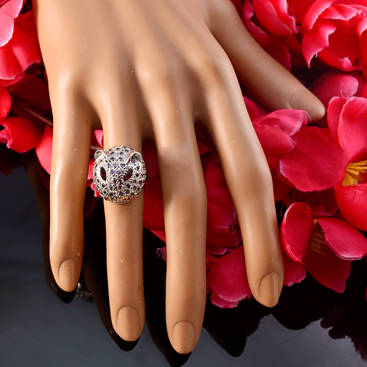 Amethyst Halo Egyptian 925 Sterling Silver Purple Gemstones Eye catching Abstract Ring Jewelry