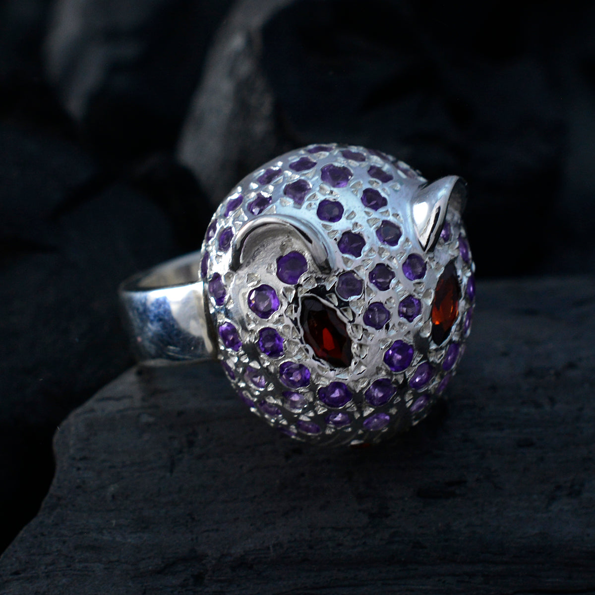 Amethyst Halo Egyptian 925 Sterling Silver Purple Gemstones Eye catching Abstract Ring Jewelry