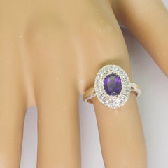 Amethyst Halo Russian 925 Sterling Silver Purple Gemstone Slim Contemporary Ring Jewelry