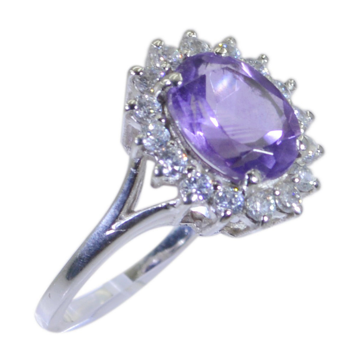 Amethyst Halo French Sterling Silver Purple Gemstones Classic Trendy Ring Jewelry
