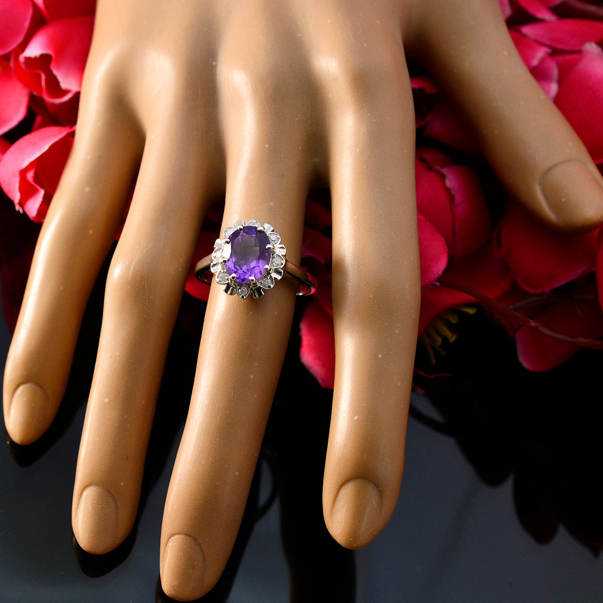 Amethyst Halo Indian 925 Sterling Silver Purple Gems Featherlight Boho Ring Jewellery