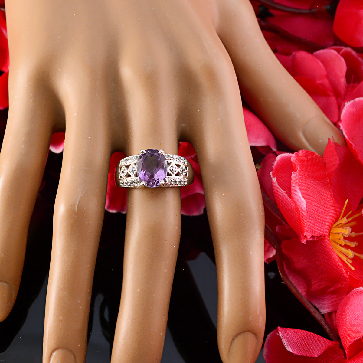 Amethyst Halo African 92.5 Silver Purple Gems Classic Boho Ring Jewellery