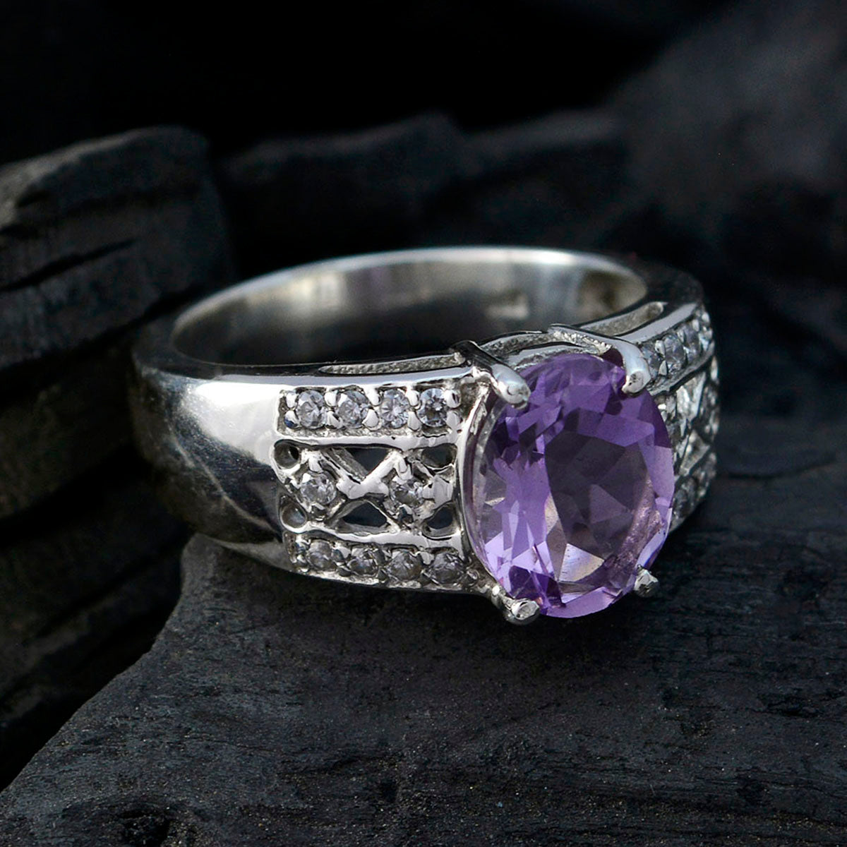 Amethyst Halo African 92.5 Silver Purple Gems Classic Boho Ring Jewellery