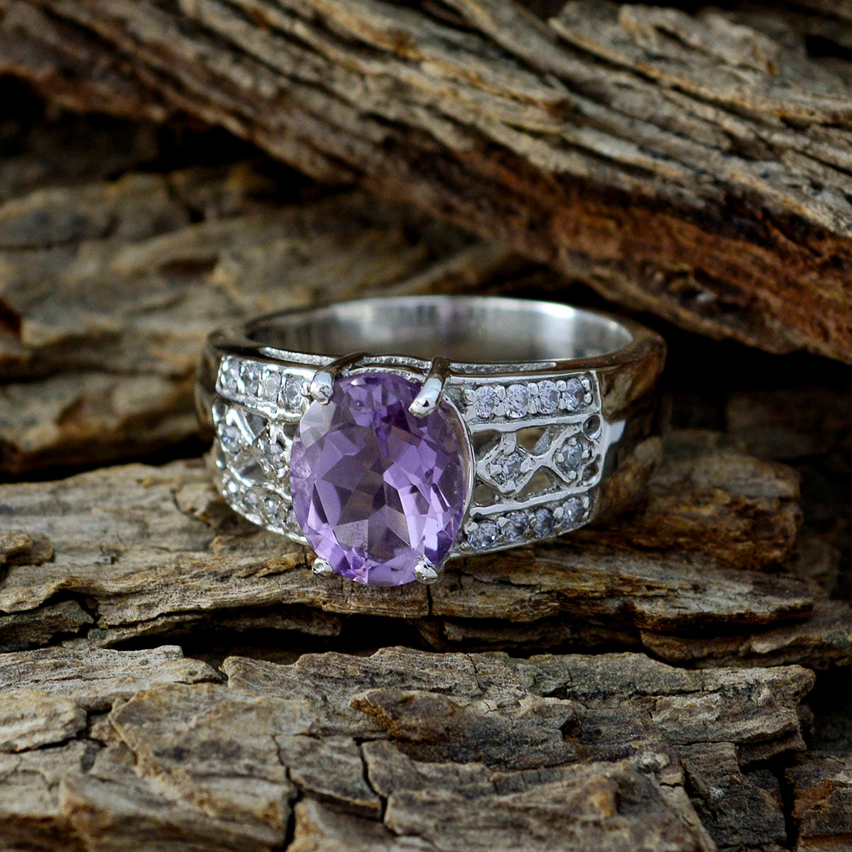 Amethyst Halo African 92.5 Silver Purple Gems Classic Boho Ring Jewellery