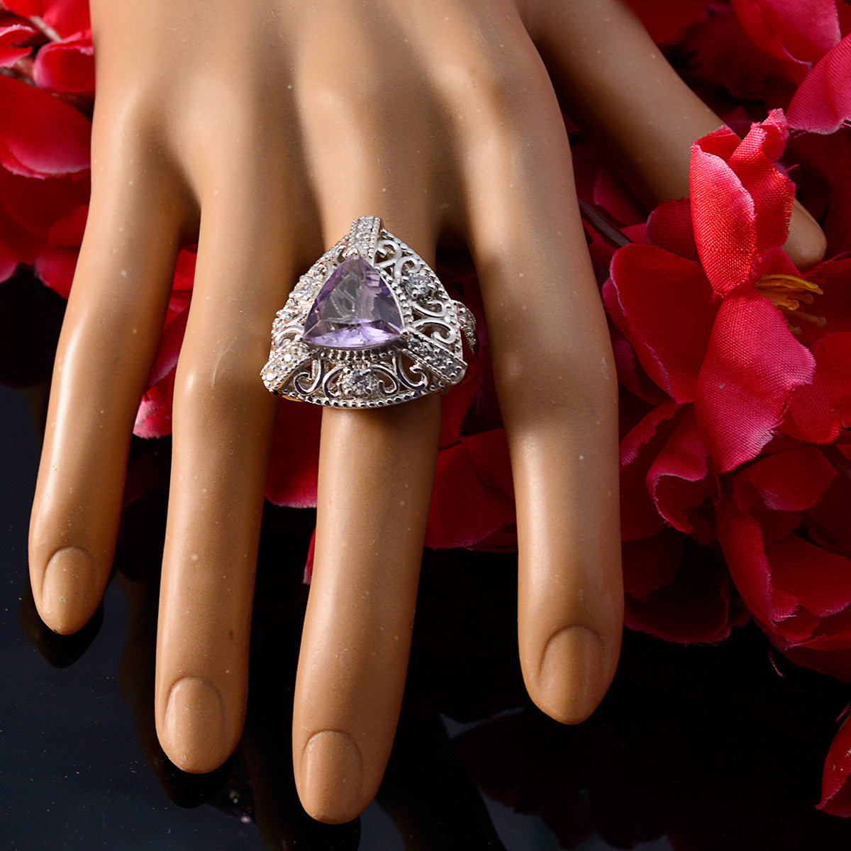 Amethyst Halo Egyptian 925 Sterling Silver Purple Gems Statement Filigree Ring Jewelry