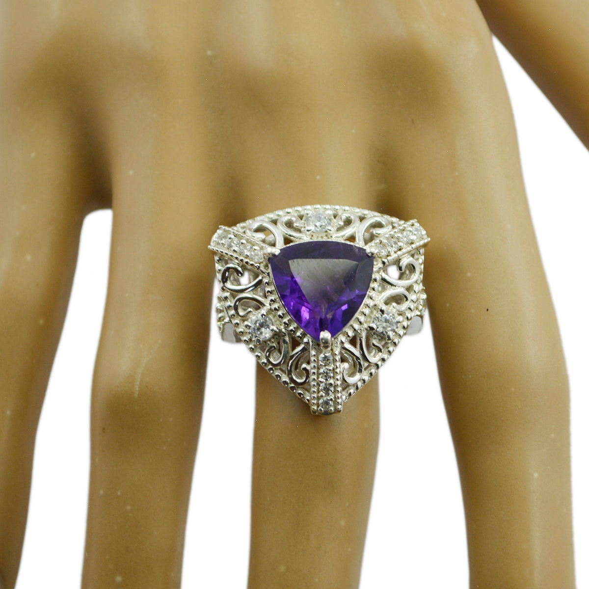 Amethyst Halo Egyptian 925 Sterling Silver Purple Gems Statement Filigree Ring Jewelry