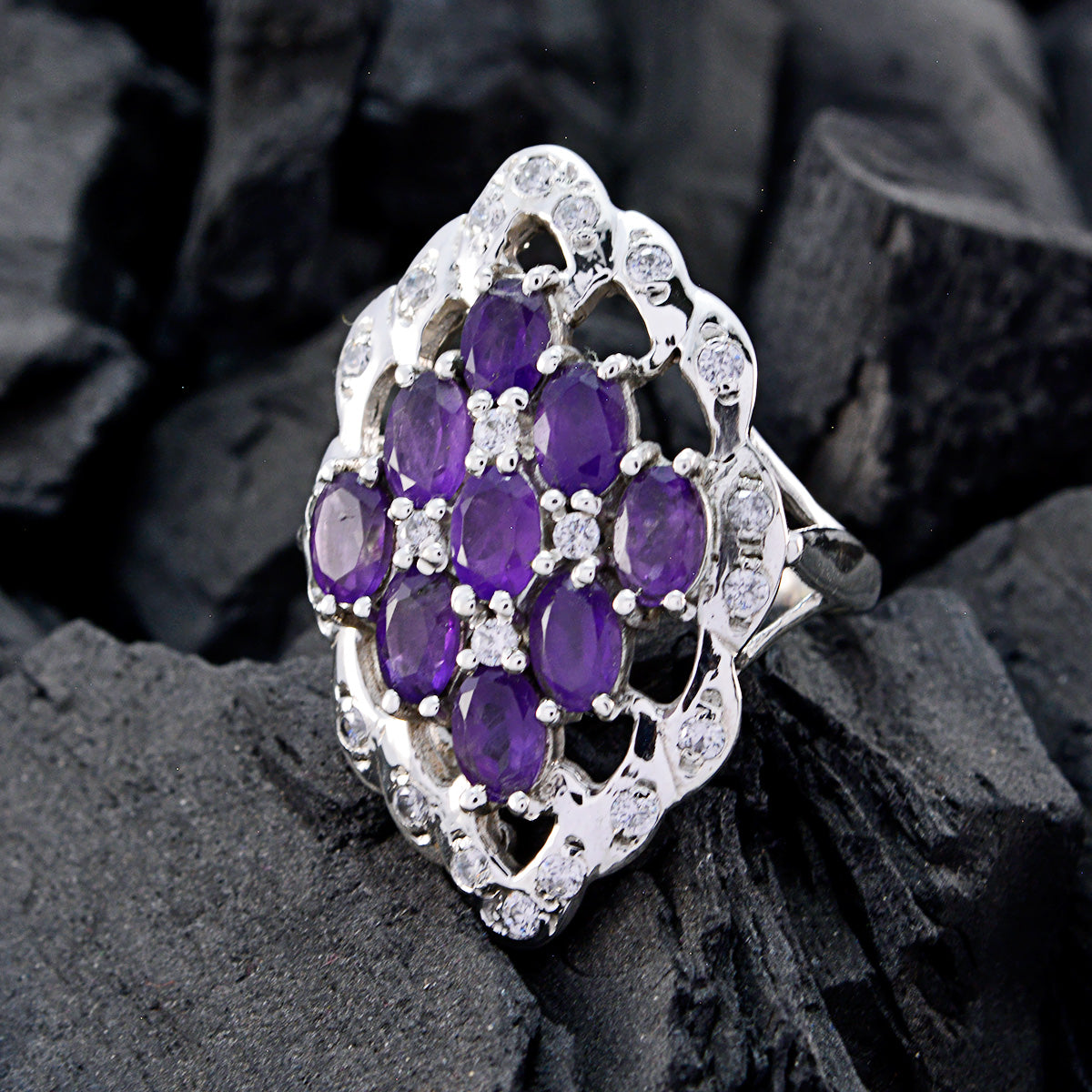 Amethyst multiple French 925 Sterling Silver Purple Gemstones Statement Artisan Ring Jewellery
