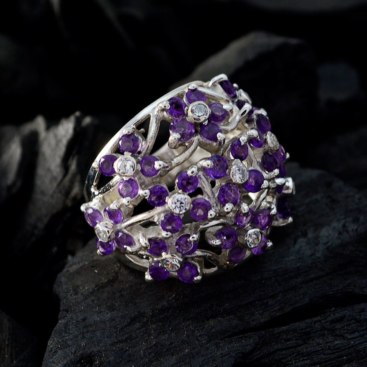 Amethyst multiple African 925 Sterling Silver Purple Gems Statement Floral Ring Jewellery