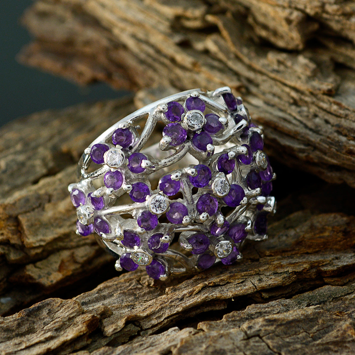 Amethyst multiple African 925 Sterling Silver Purple Gems Statement Floral Ring Jewellery