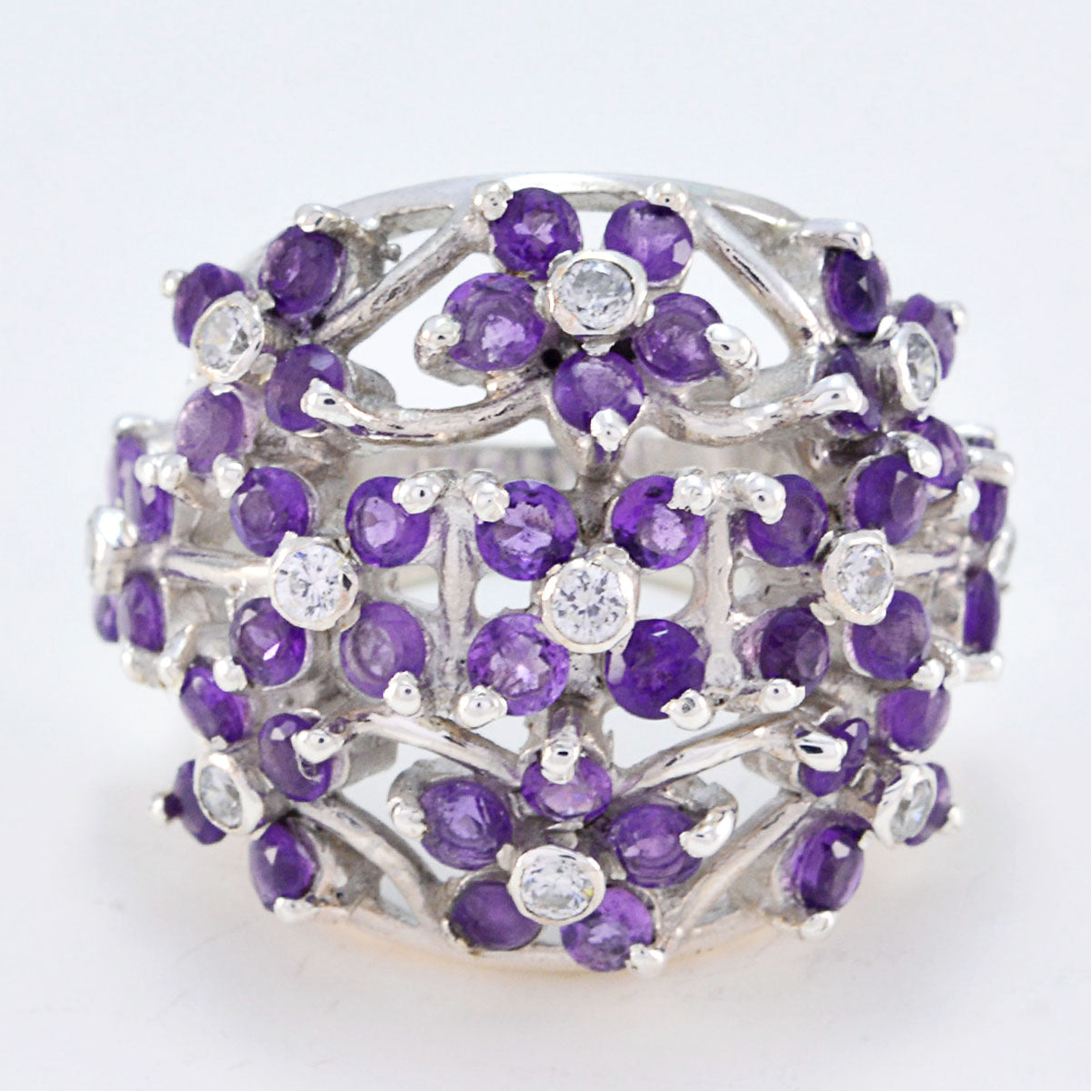 Amethyst multiple African 925 Sterling Silver Purple Gems Statement Floral Ring Jewellery
