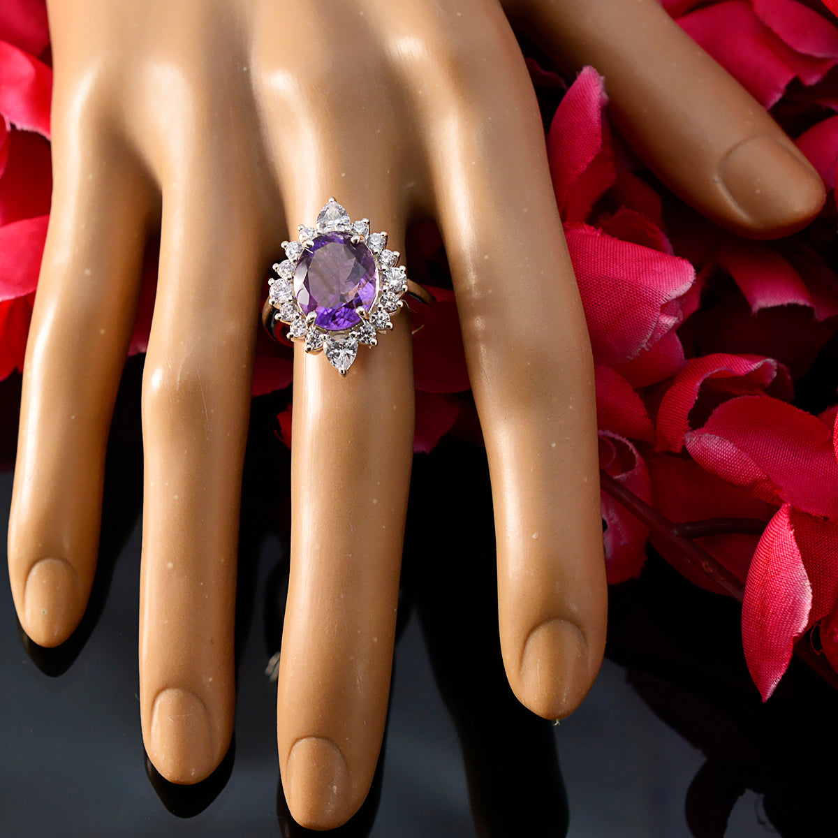 Amethyst Halo French Sterling Silver Purple Gemstone Eye catching Trendy Ring Jewellery