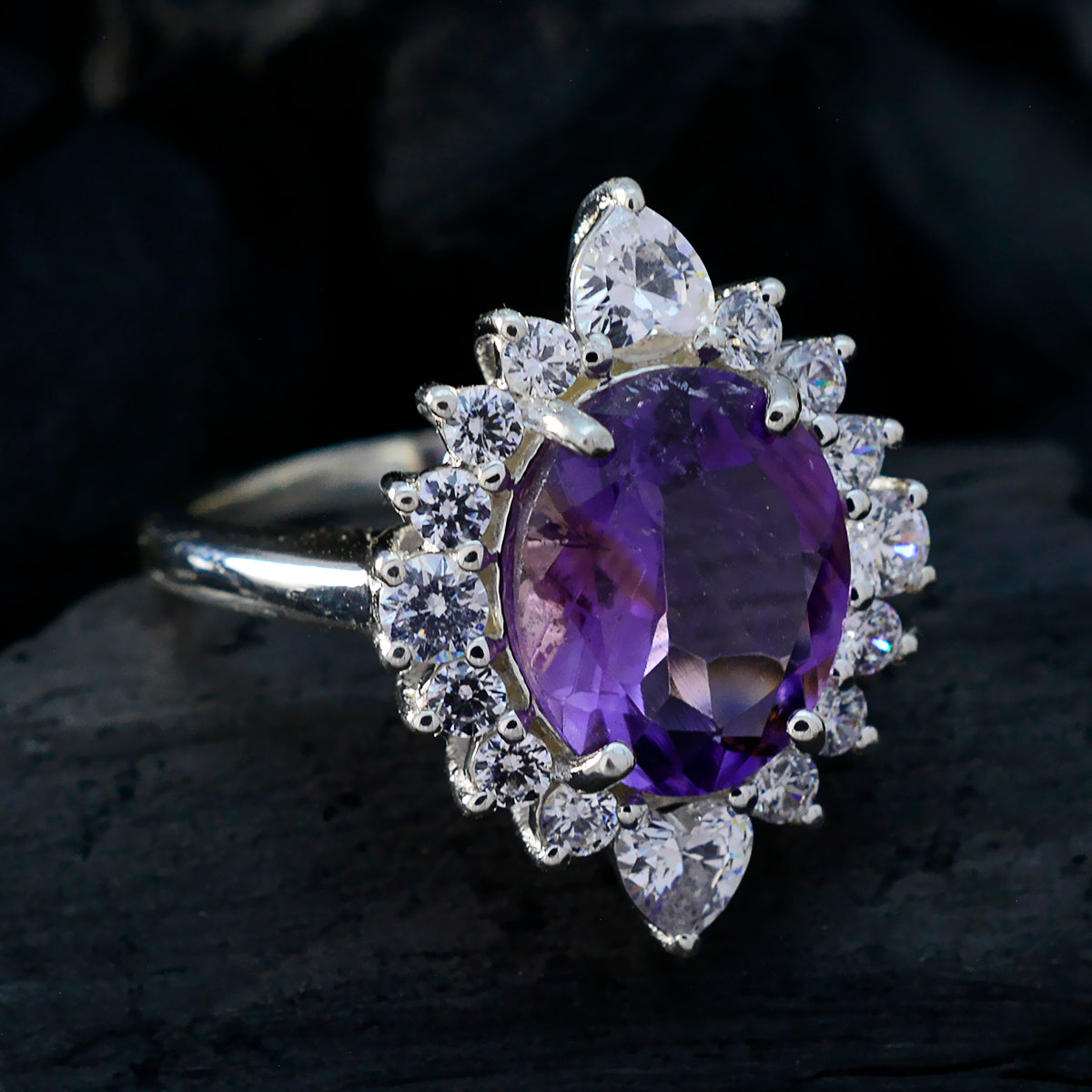 Amethyst Halo French Sterling Silver Purple Gemstone Eye catching Trendy Ring Jewellery