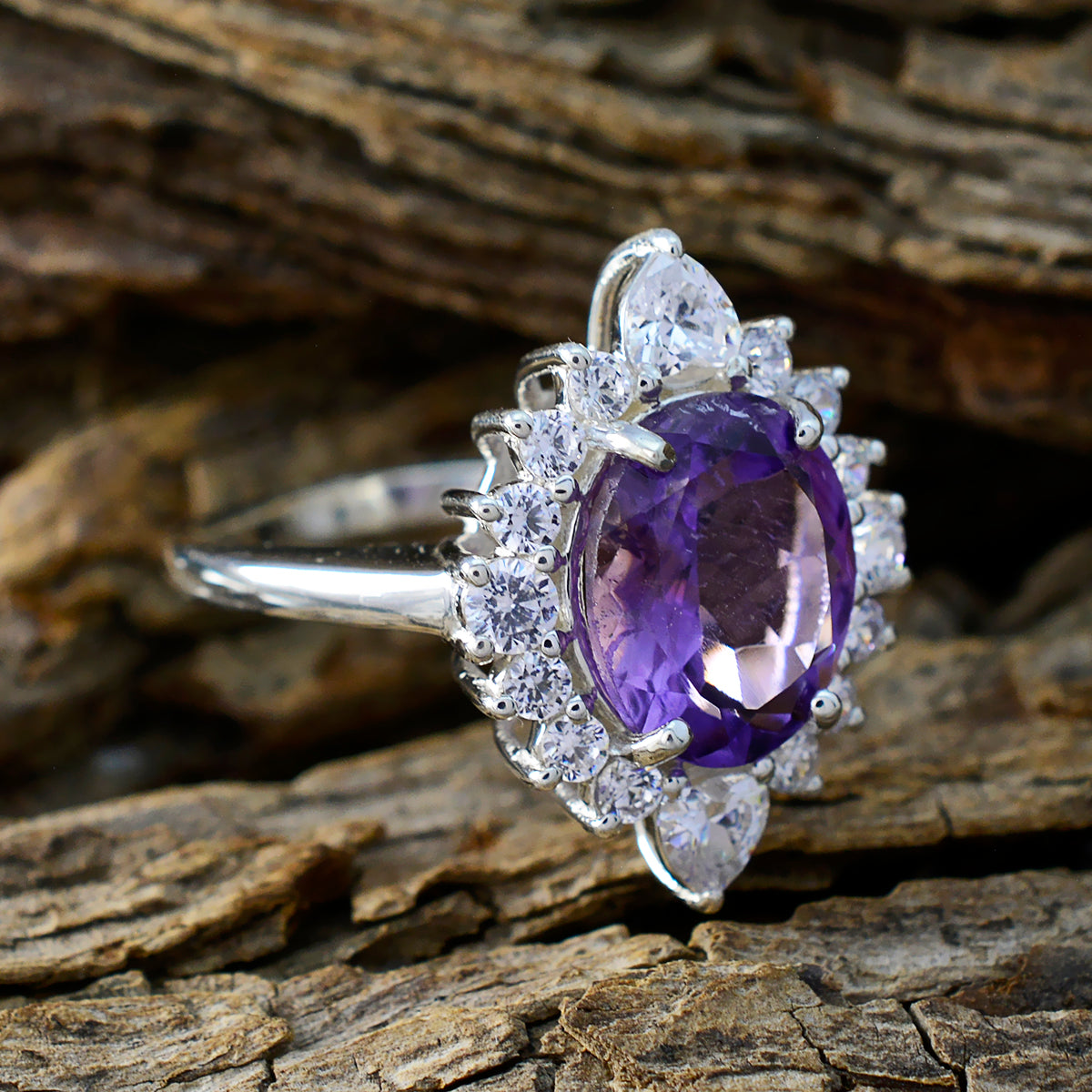 Amethyst Halo French Sterling Silver Purple Gemstone Eye catching Trendy Ring Jewellery