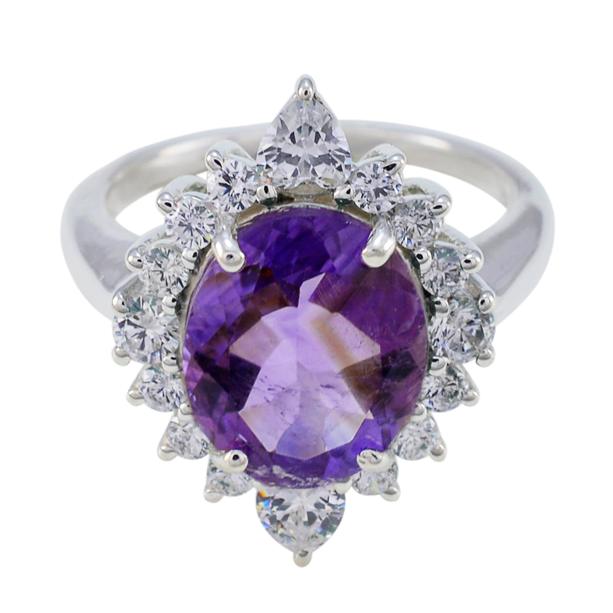 Amethyst Halo French Sterling Silver Purple Gemstone Eye catching Trendy Ring Jewellery Huvudsaklig produktbild