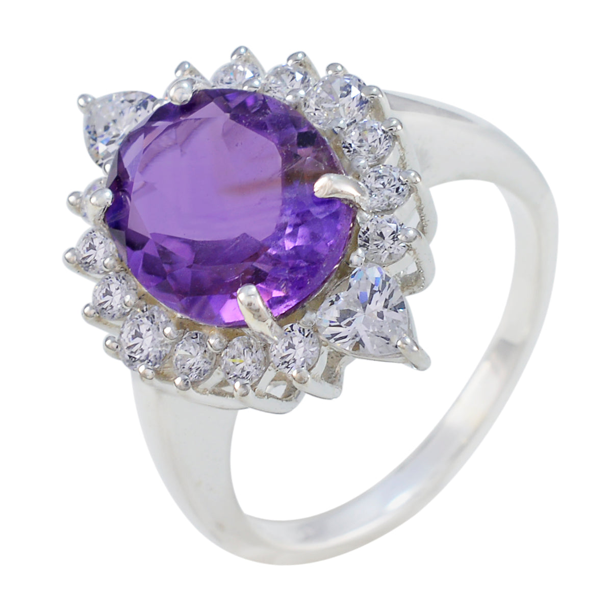 Amethyst Halo French Sterling Silver Purple Gemstone Eye catching Trendy Ring Jewellery