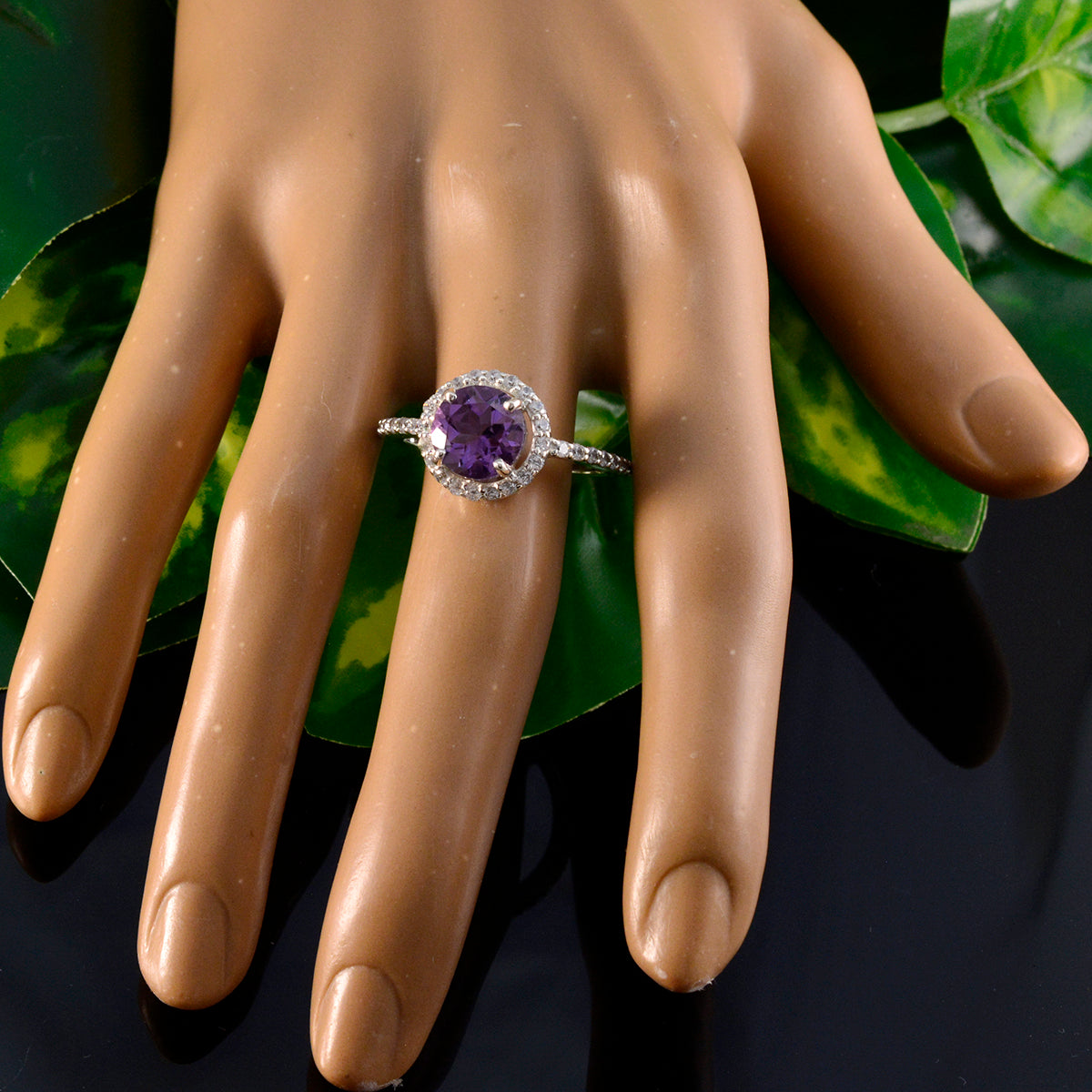 Amethyst Halo Indian 925 Silver Purple Gems Slim Sophisticated Ring Jewellery