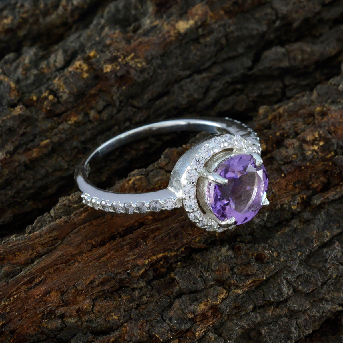 Amethyst Halo Indian 925 Silver Purple Gems Slim Sophisticated Ring Jewellery