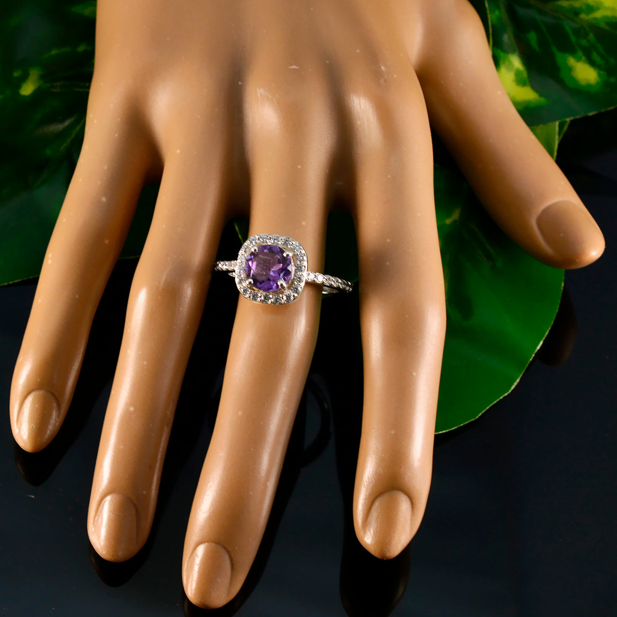 Amethyst Halo Russian 925 Sterling Silver Purple Gemstones Slim Contemporary Ring Jewellery