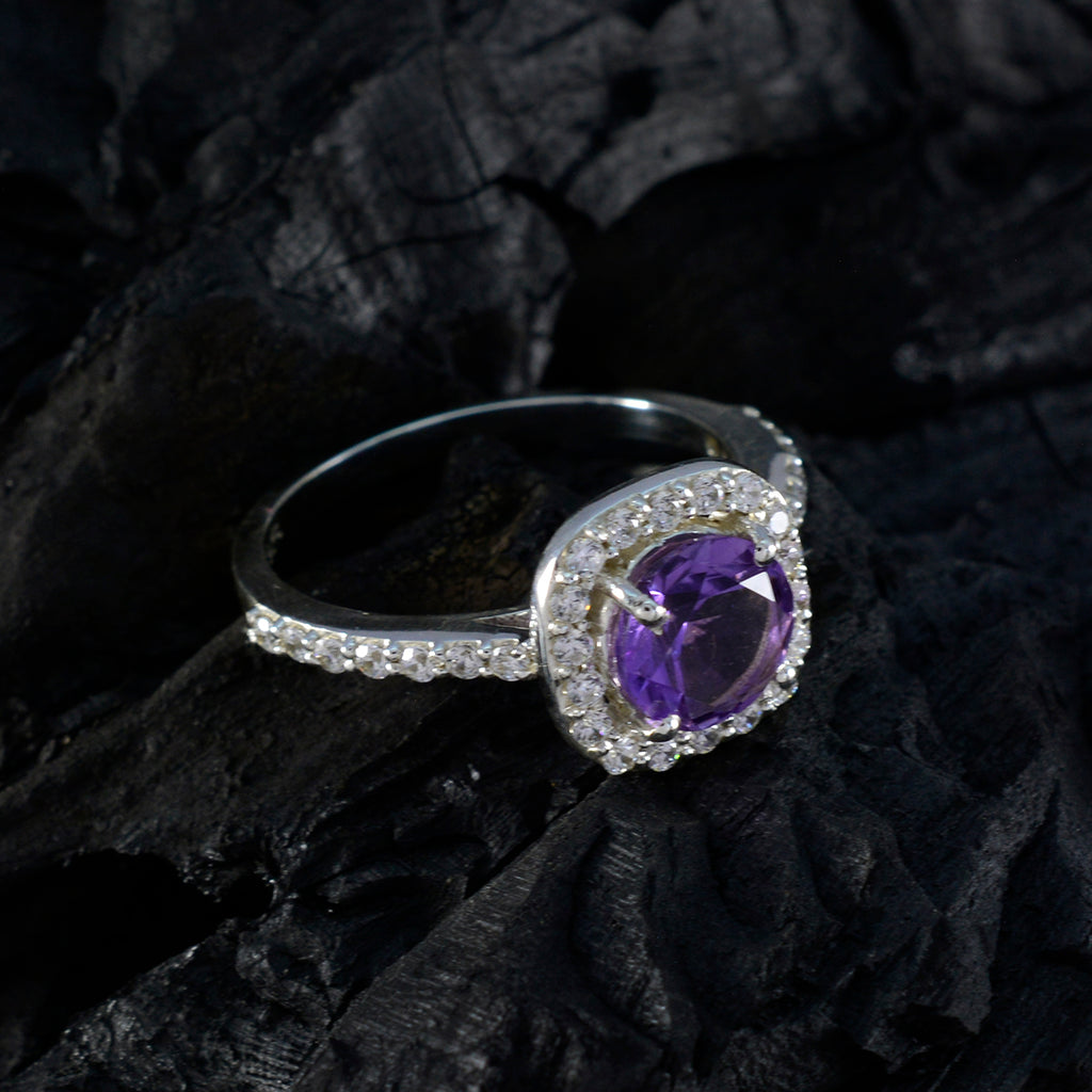 Amethyst Halo Russian 925 Sterling Silver Purple Gemstones Slim Contemporary Ring Jewellery