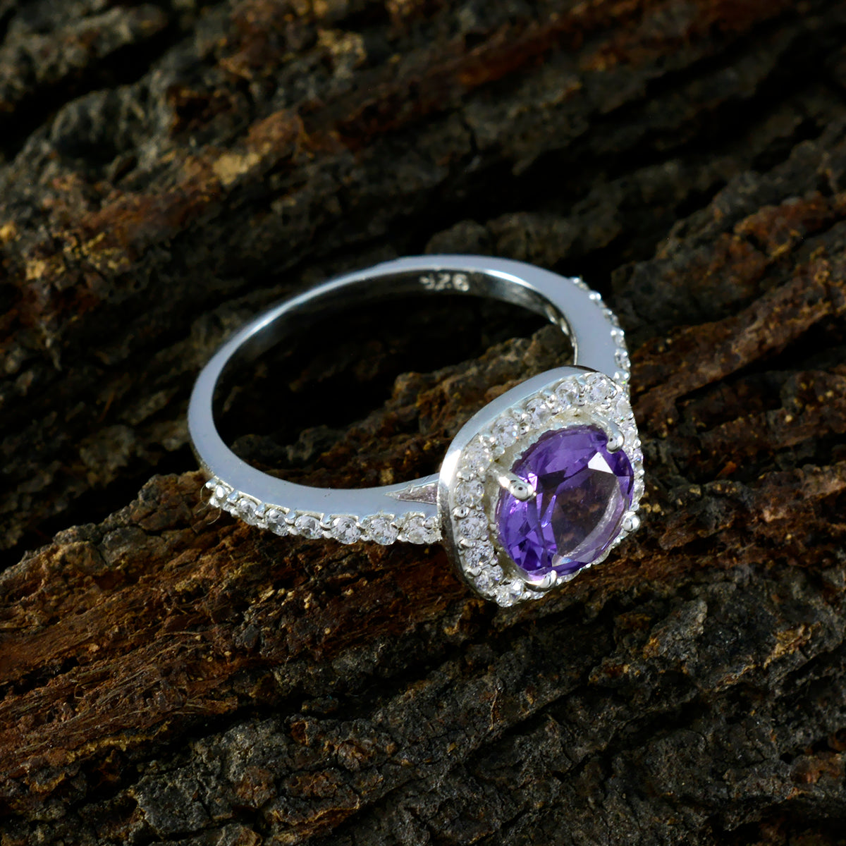 Amethyst Halo Russian 925 Sterling Silver Purple Gemstones Slim Contemporary Ring Jewellery