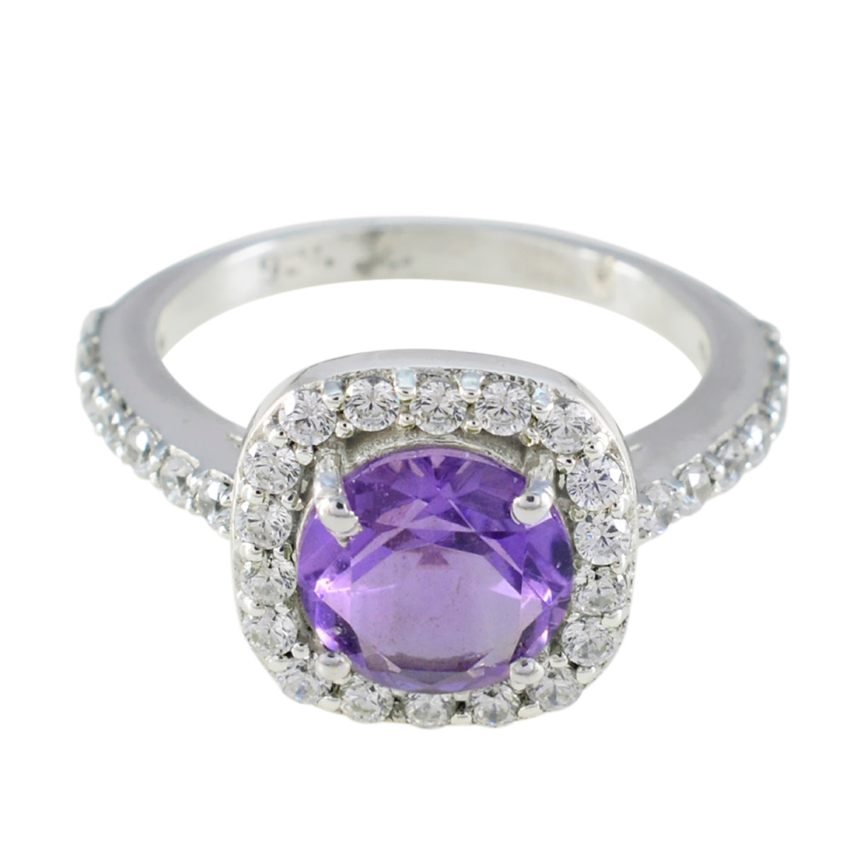 Amethyst Halo Russian 925 Sterling Silver Purple Gemstones Slim Contemporary Ring Jewellery
