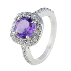 Amethyst Halo Russian 925 Sterling Silver Purple Gemstones Slim Contemporary Ring Jewellery