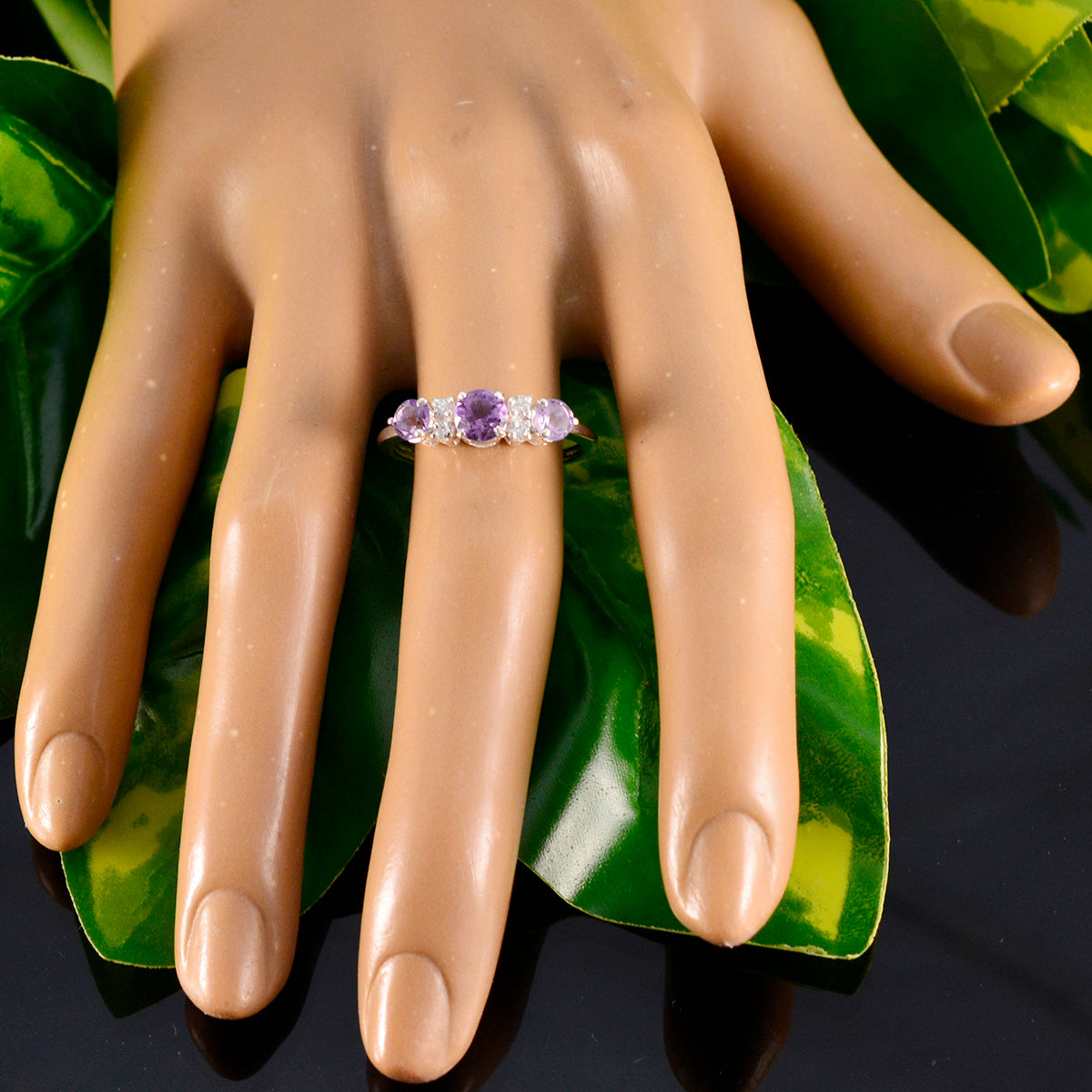 Amethyst Trilogy Japanese 92.5 Silver Purple Gems Delicate Modern Ring Jewelry