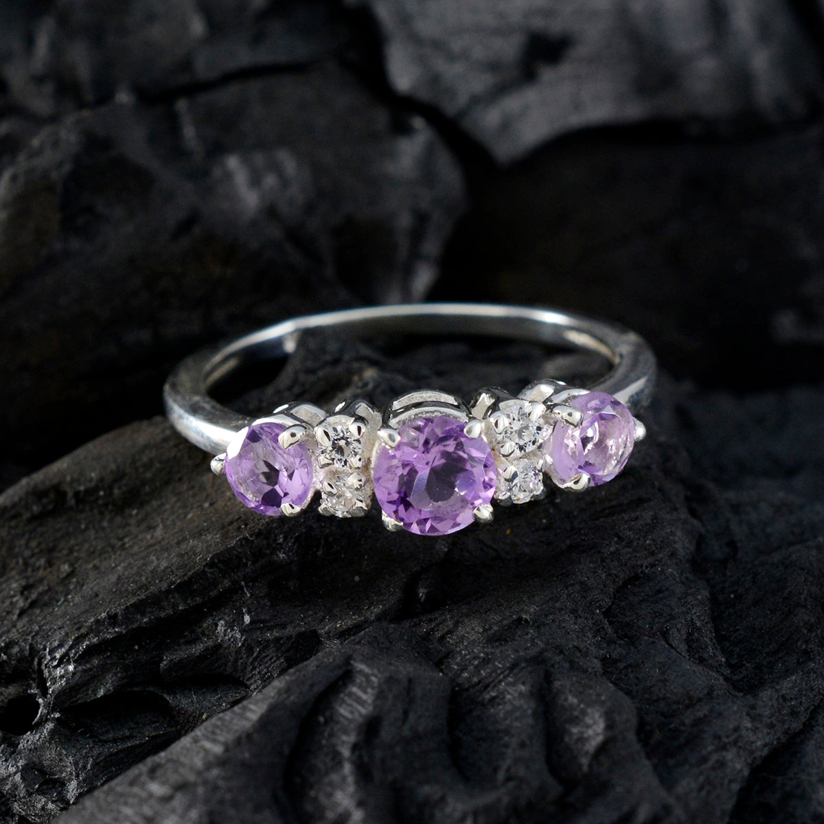 Amethyst Trilogy Japanese 92.5 Silver Purple Gems Delicate Modern Ring Jewelry