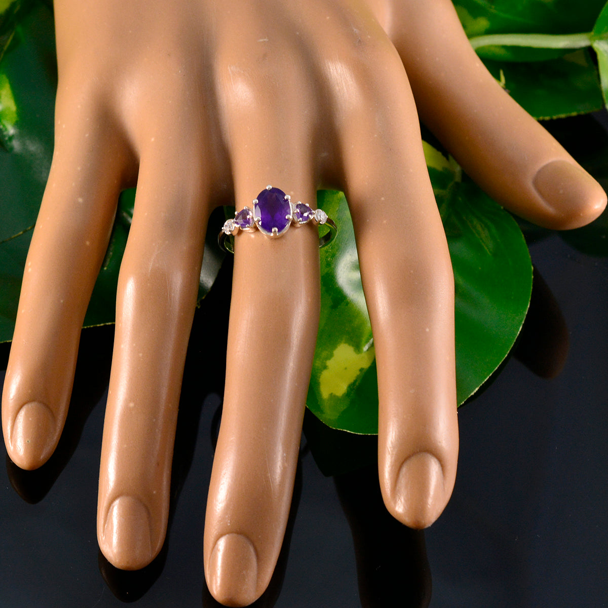 Amethyst Trilogy American 92.5 Silver Purple Gemstones Elegant  Feminine Ring Jewelry