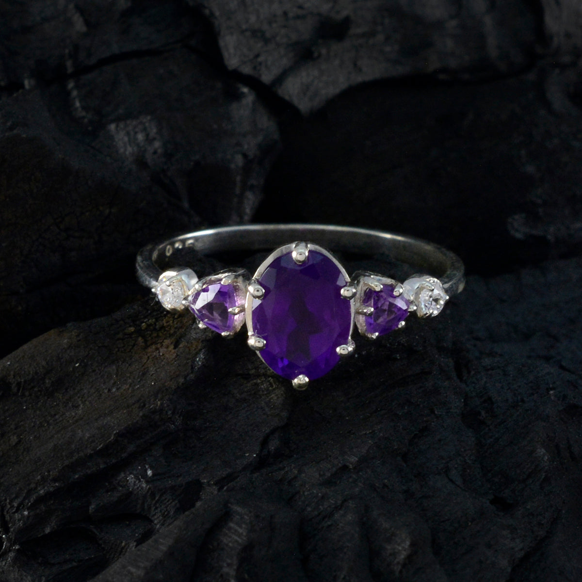 Amethyst Trilogy American 92.5 Silver Purple Gemstones Elegant  Feminine Ring Jewelry