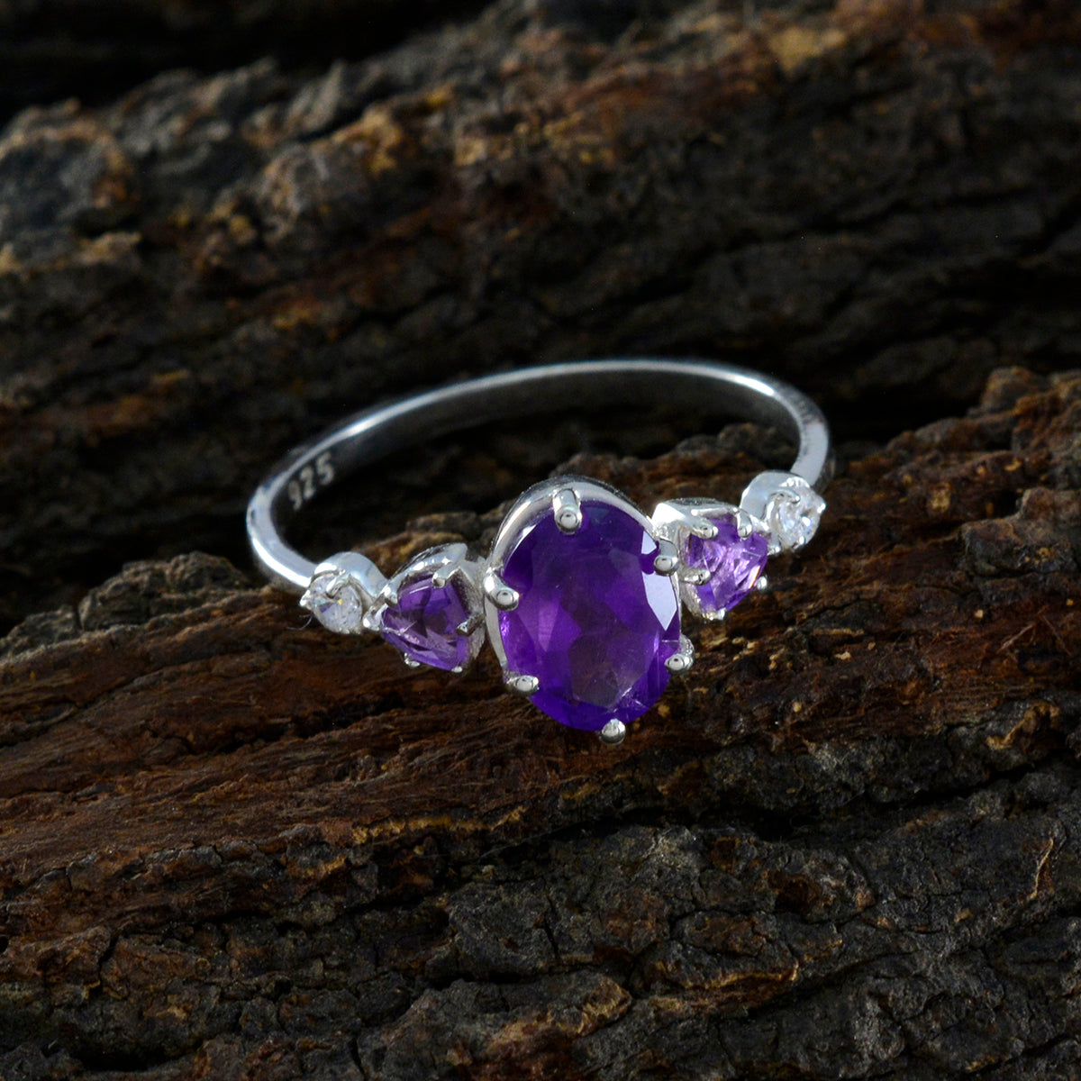 Amethyst Trilogy American 92.5 Silver Purple Gemstones Elegant  Feminine Ring Jewelry